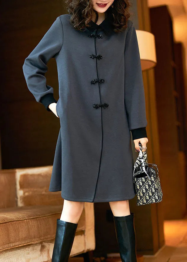 Black O-neck Button Mid Dress Fall