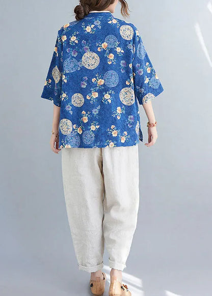 Blue Stand Collar Button Print Asymmetrical Design Fall Blouses Half Sleeve