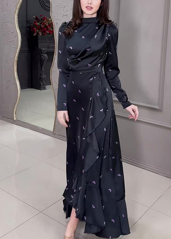 New Black Ruffled Print Silk Long Dress Fall