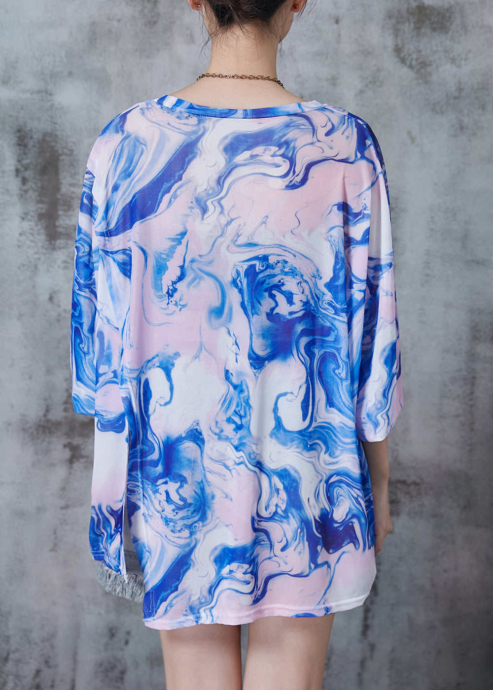 Fine Blue Oversized Print Chiffon Upf 50+ Top Fall