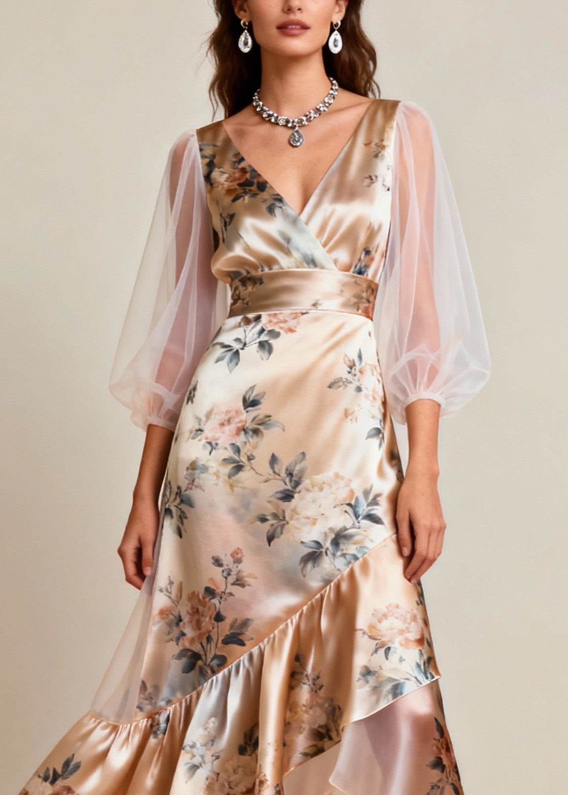 V Neck Print Tulle Patchwork Silk Dresses Sleeveless