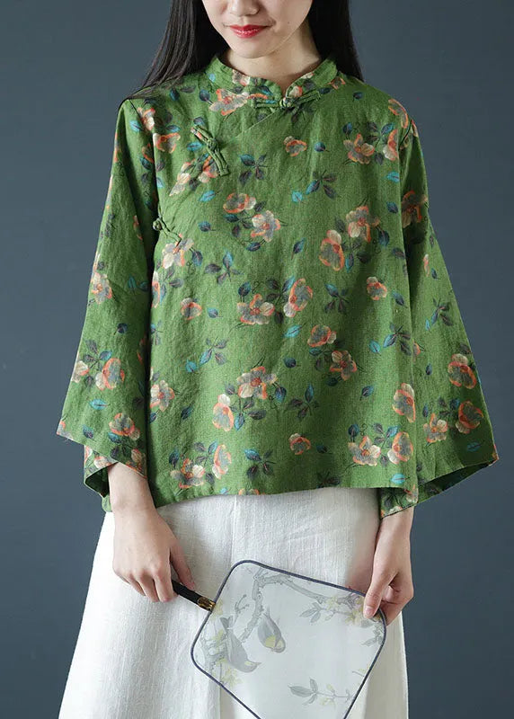 Green Print Mandarin Collar Oriental Button Linen Top Spring