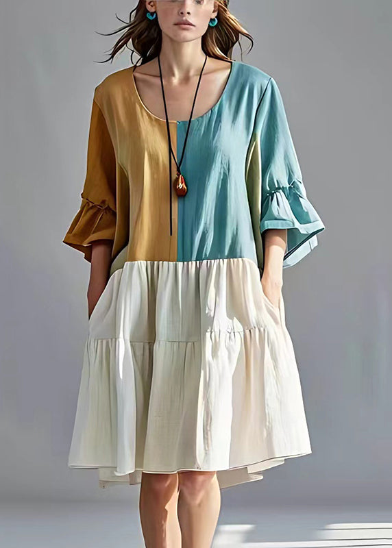 Colorblock Oversized Patchwork Cotton Pleated Dresses Summer