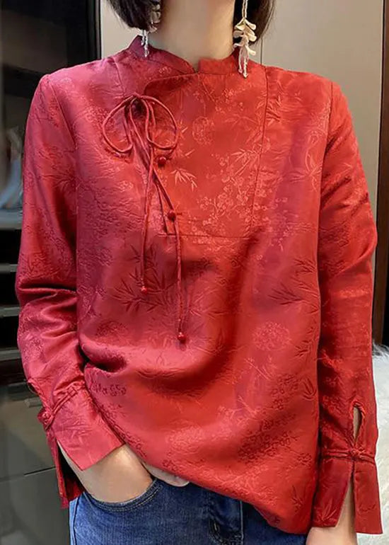 Oriental Red Stand Collar Lace Up Jacquard Silk Shirts Long Sleeve