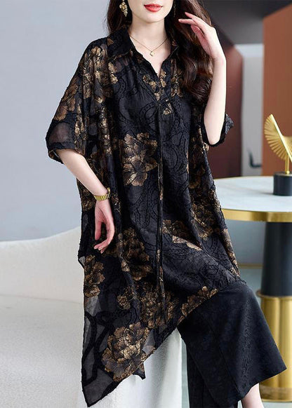 Black Asymmetrical Print Chiffon Cardigans Summer