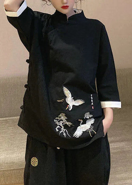 Chinese Style Black Stand Collar Embroideried Linen Tops Three Quarter Sleeve