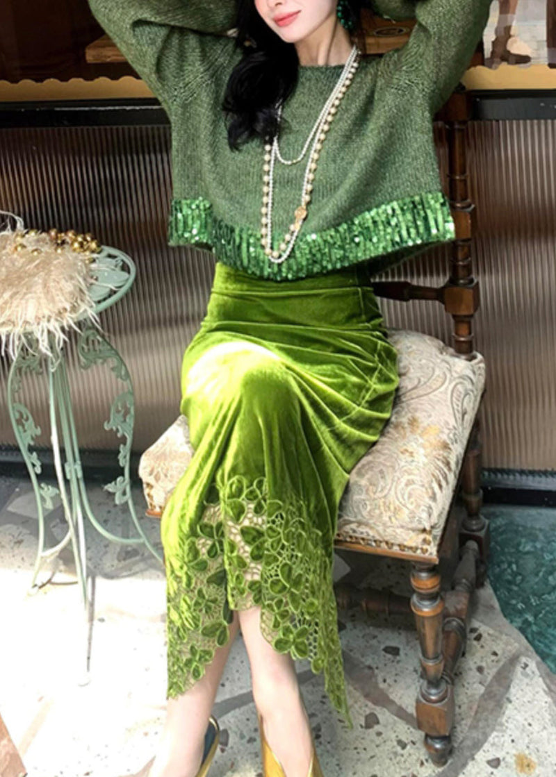 Green Hollow Out Cotton Knit Sweaters and Maxi Skirts Two Piece Set Winter