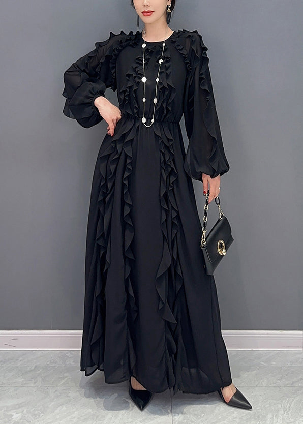Black Ruffles Cinched Chiffon Maxi Dresses Spring