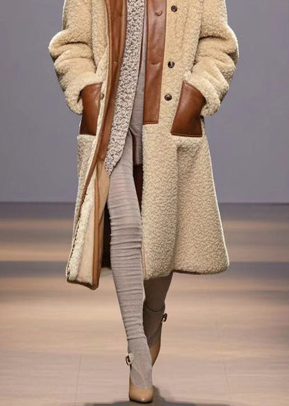 Beige Peter Pan Collar Patchwork Warm Fleece Coats Winter