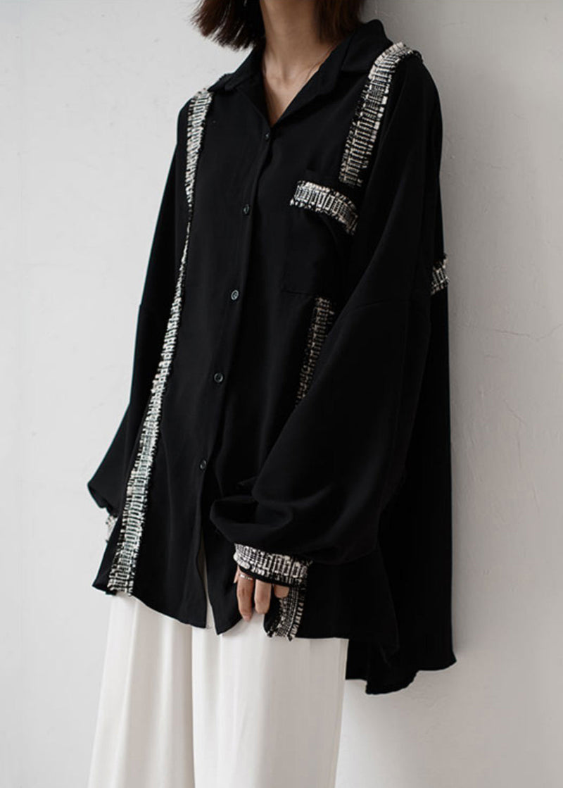 Black Button Pockets Patchwork Chiffon Shirt Fall