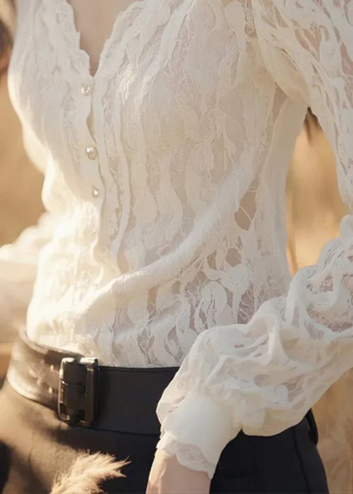 Slim Fit White V Neck Button Lace Blouses Fall