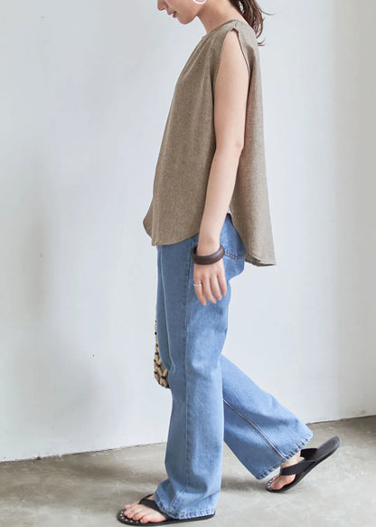 Grey O-neck Wrinkled Linen Tops Sleeveless