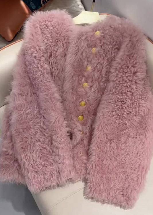 French Pink O-neck Button Faux Fur Coats Spring