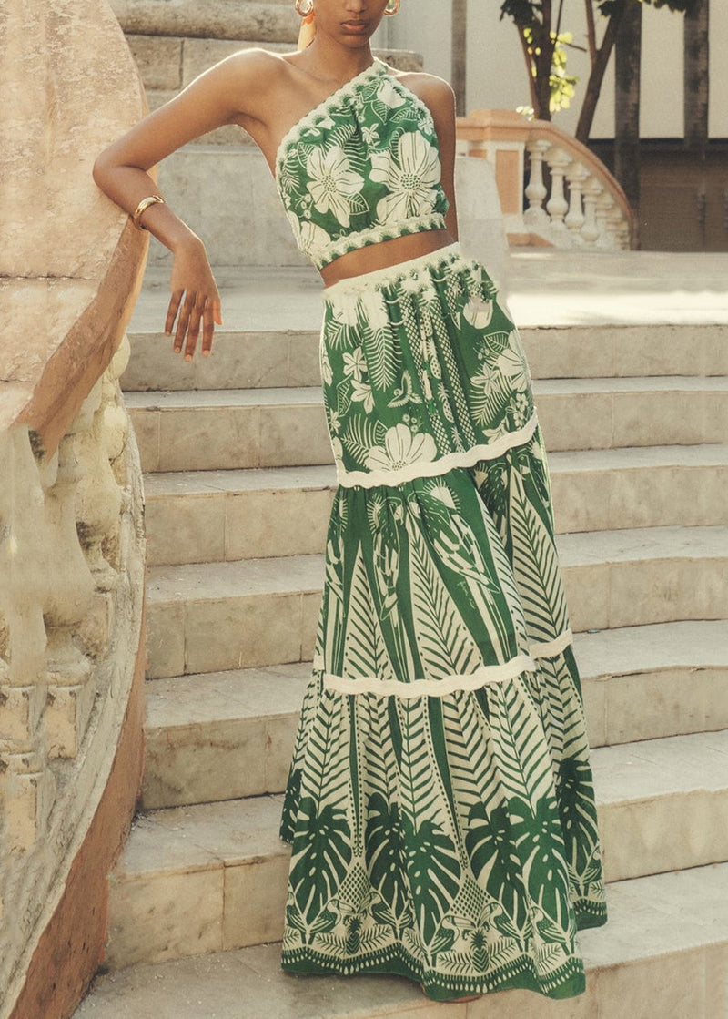 Vacation Style One Shoulder Short Top and High Waisted Skirt Set