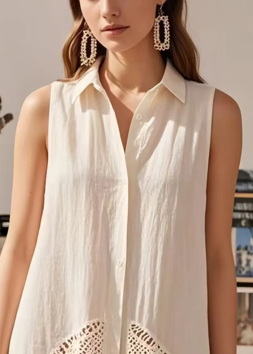White Patchwork Cotton Blouses Peter Pan Collar Hollow Out Sleeveless