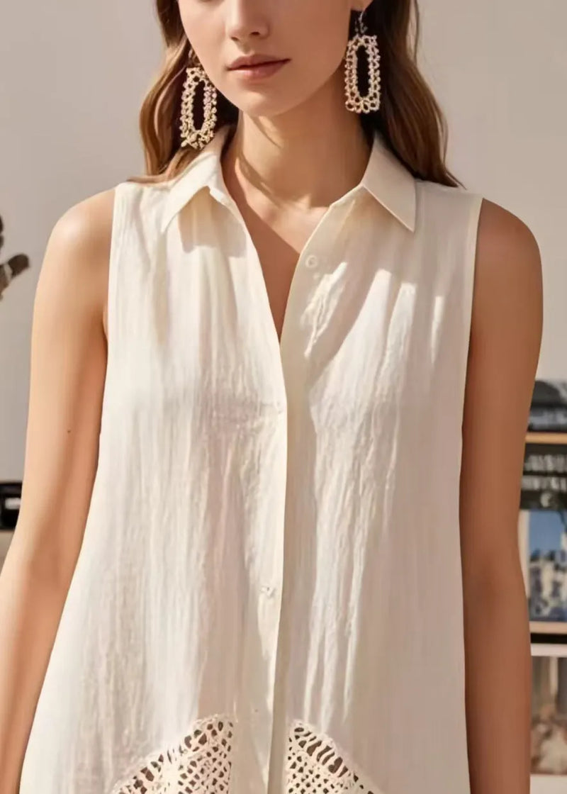 White Patchwork Cotton Blouses Peter Pan Collar Hollow Out Sleeveless