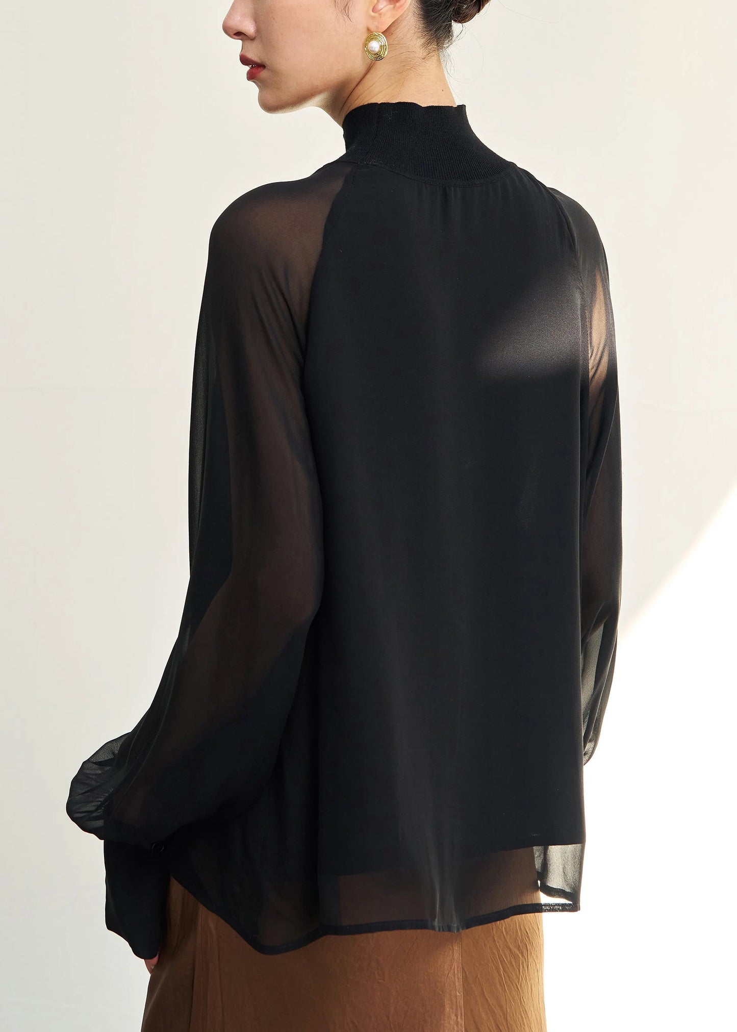 Loose Black Turtleneck Thin Silk Shirt Fall