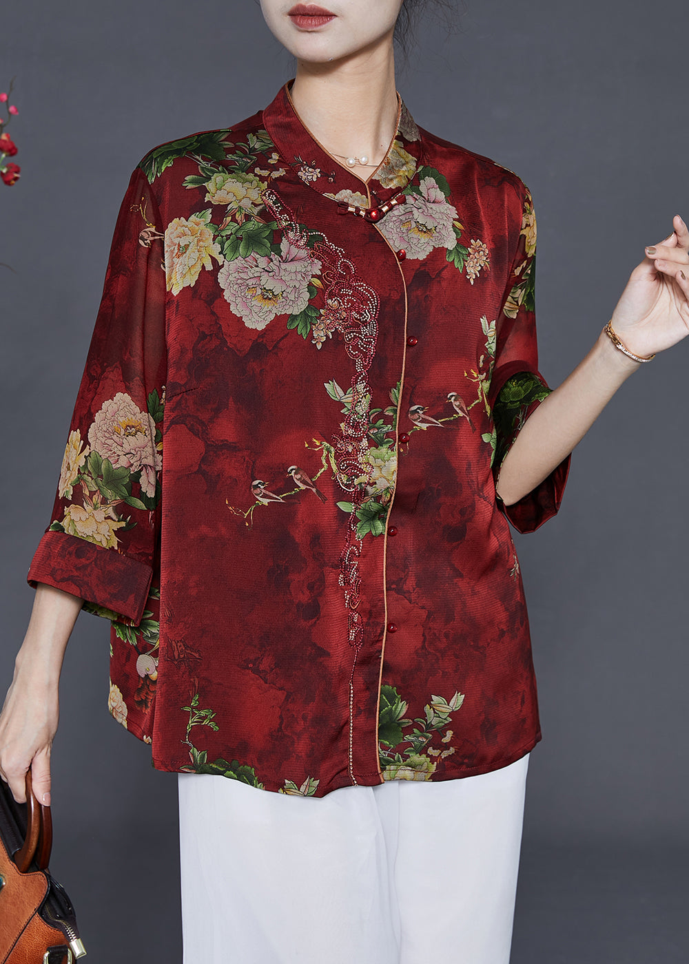 Red Print Silk Shirts Mandarin Collar Summer