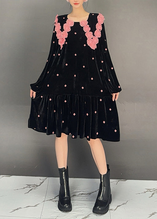 French Black Wrinkled Patchwork Jacquard Velour Dress Fall