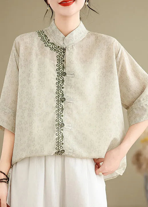 Chinese Style Stand Collar Jacquard Embroidered Cotton Top Summer
