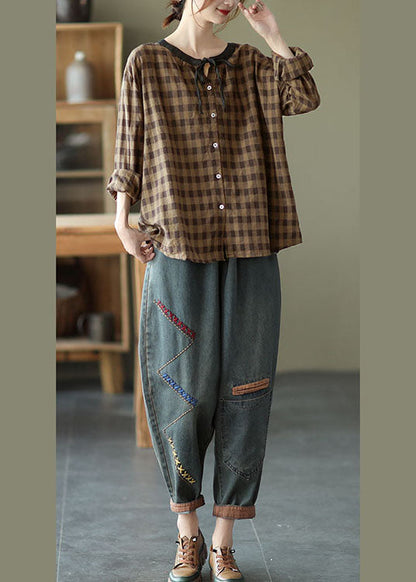 Diy Chocolate Plaid Button Tie Fall Shirt Long Sleeve
