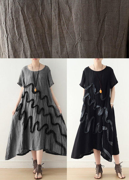 Art Khaki O-neck Linen Summer Maxi Dresses