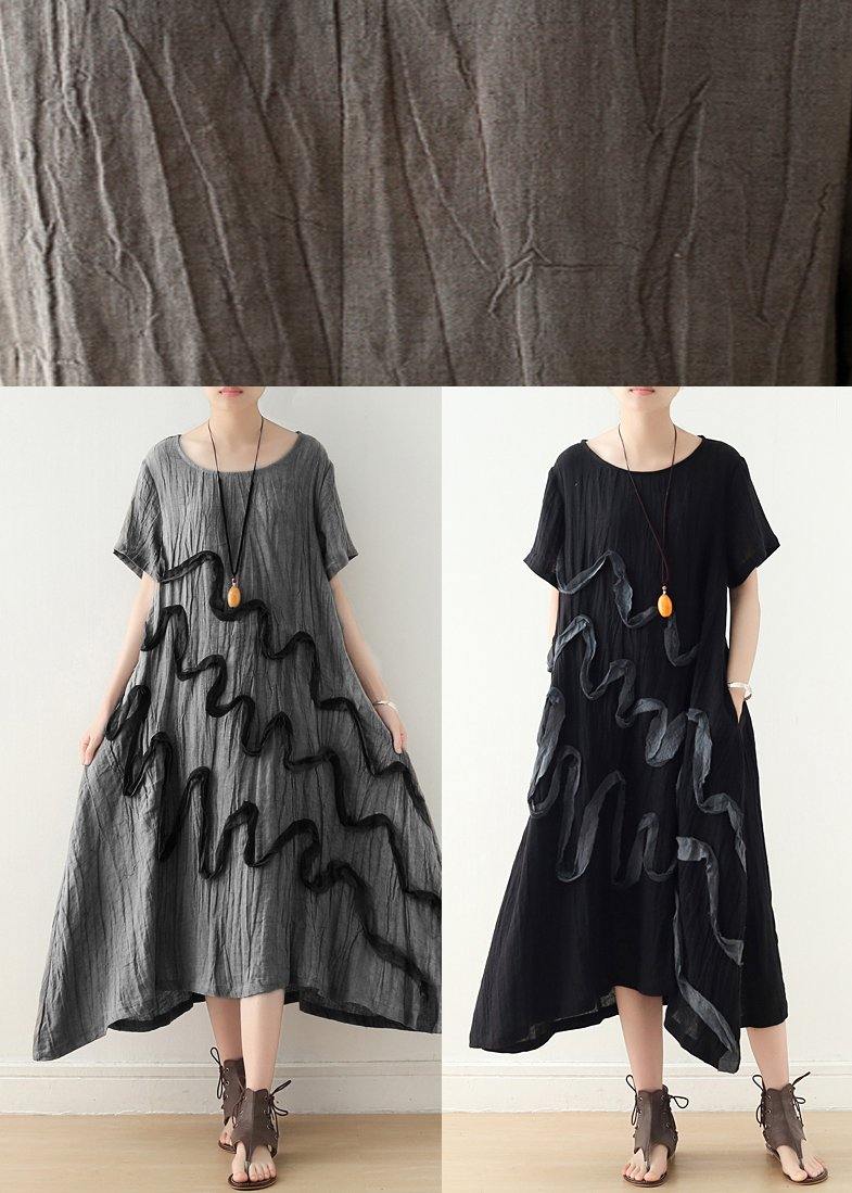 Art Khaki O-neck Linen Summer Maxi Dresses