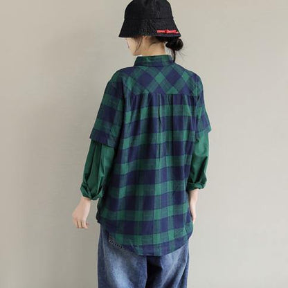 French Blue Green Plaid Tops Blouses Lapel False Two Pieces Shirts
