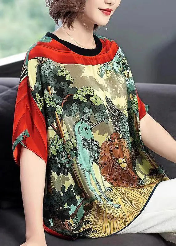 Loose Red O-neck Animal Print Chiffon Tank Tops Batwing Sleeve