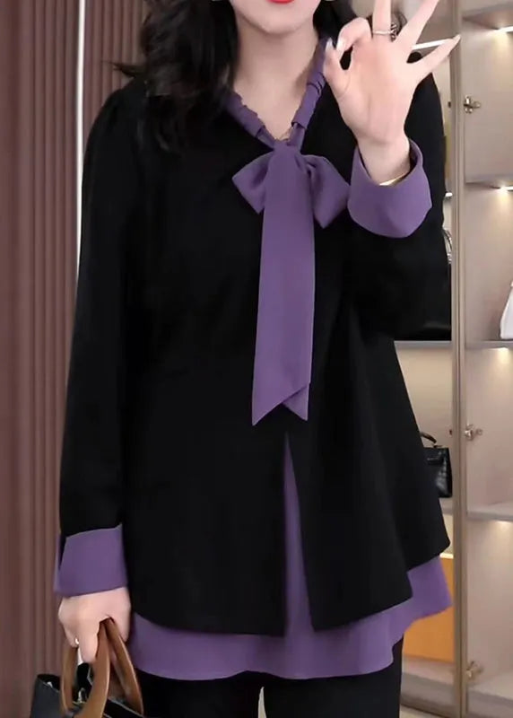 Purple Bow Patchwork Spandex Fake Two Piece Shirt Tops Fall