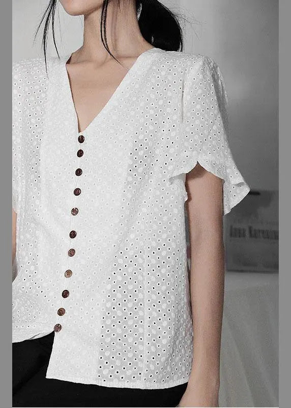Diy White Hollow Out V Neck Button Cotton Shirt Top Summer