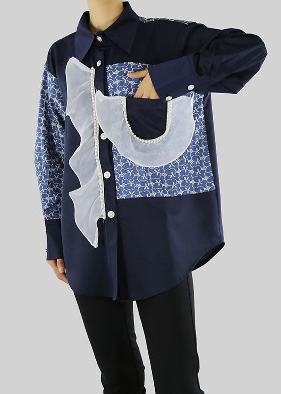 Black Blouses Ruffled Patchwork Button Pockets Spring