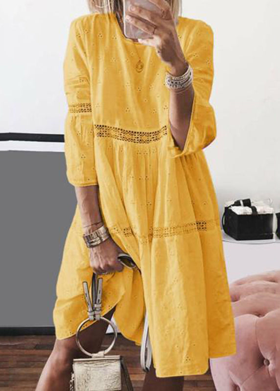 Yellow O-neck Hollow Out Cotton Long Dresses Bracelet Sleeve Summer