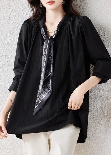 Black Oversized Scarf Cotton Blouse Top Fall
