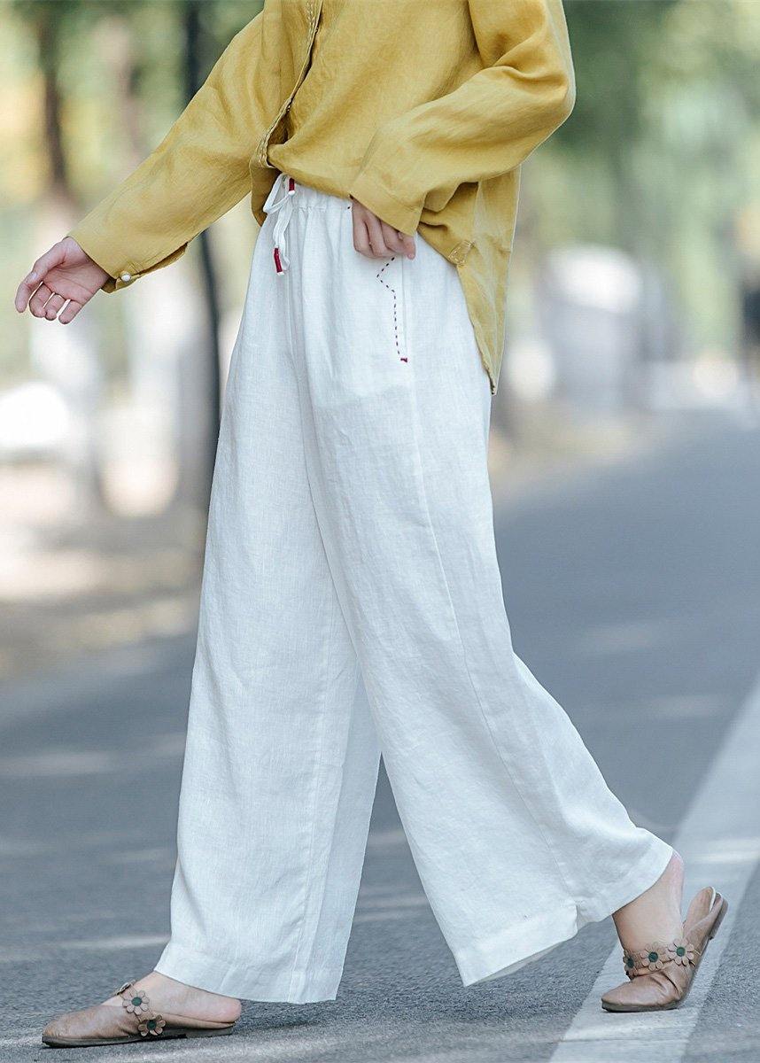 Literature White Loose Straight Elastic Waist Lace Up Wide Leg Pants
