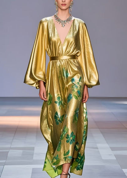 Golden Cinched Print Silk Party Dress Lantern Sleeve Spring