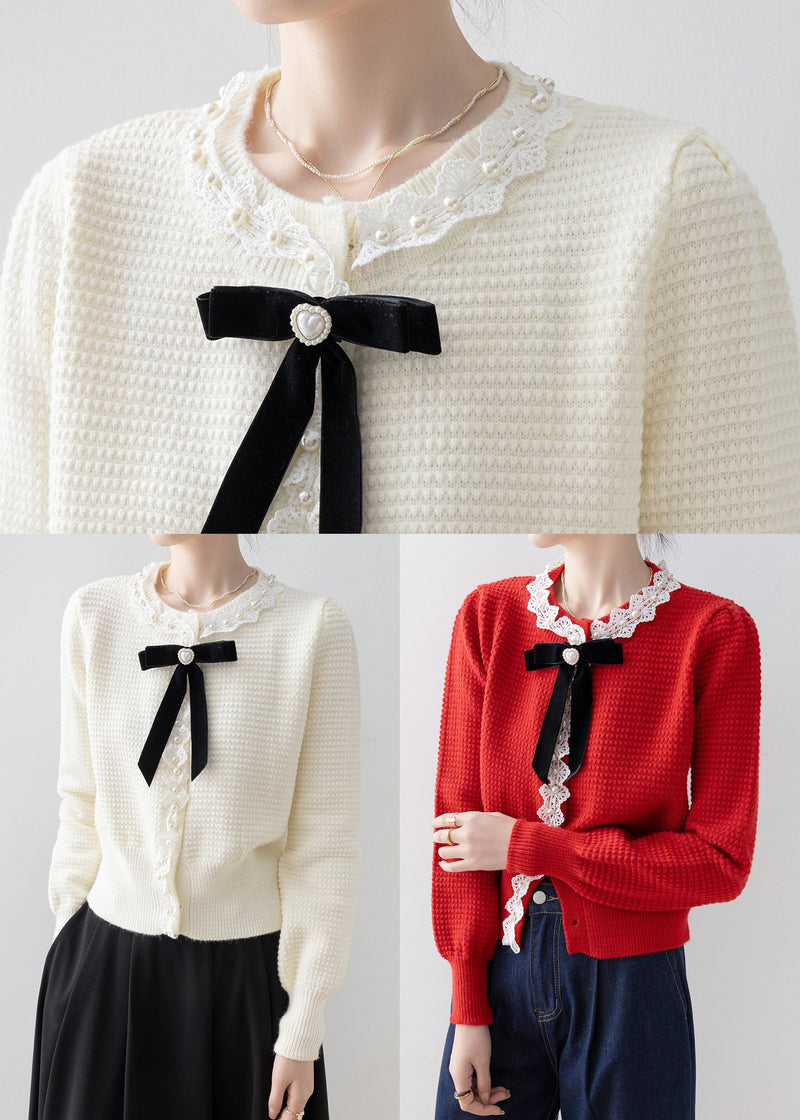 Red Bow Nail Bead Knit Cardigan Winter