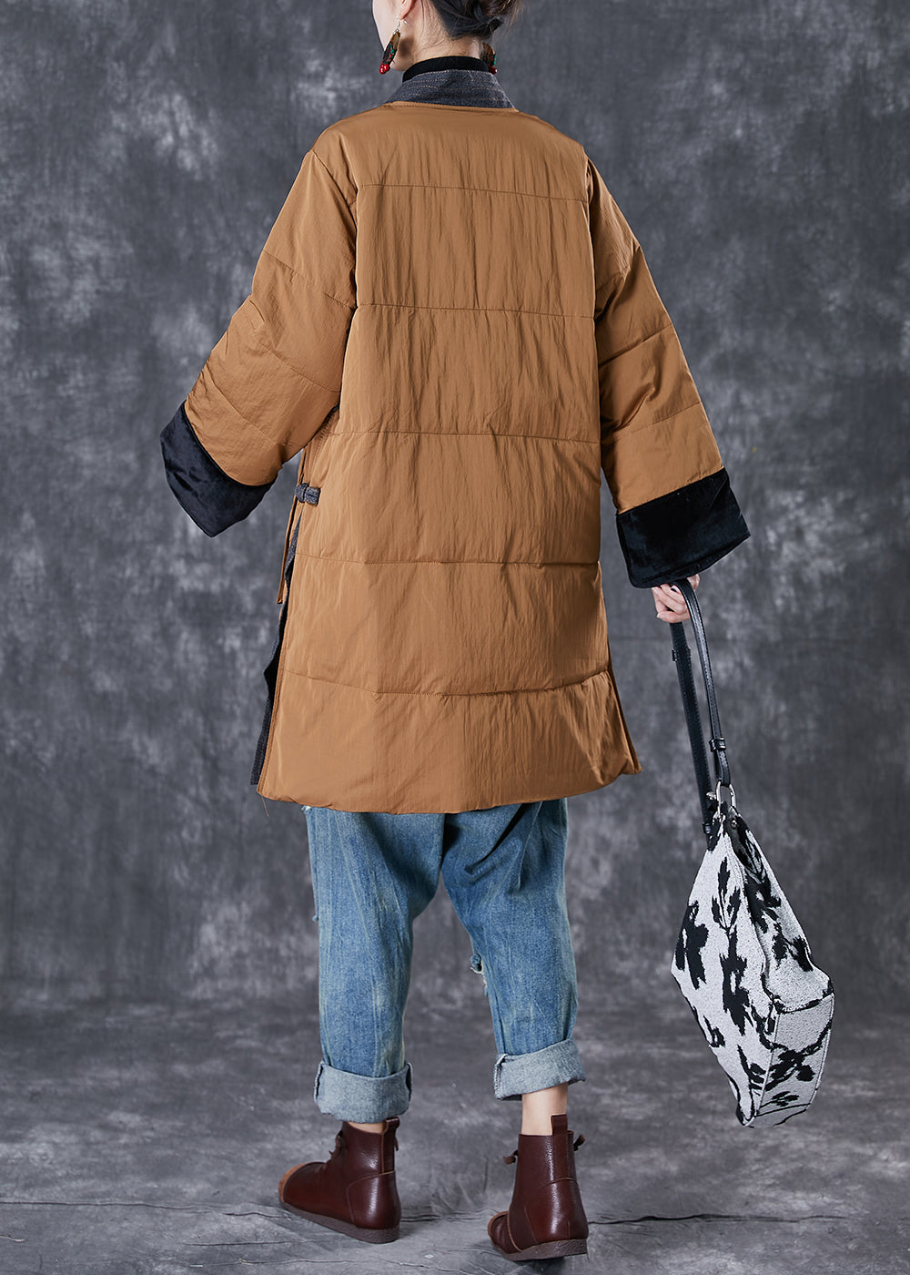 Coffee V Neck Patchwork Pockets Fine Cotton Filled Jackets Winter