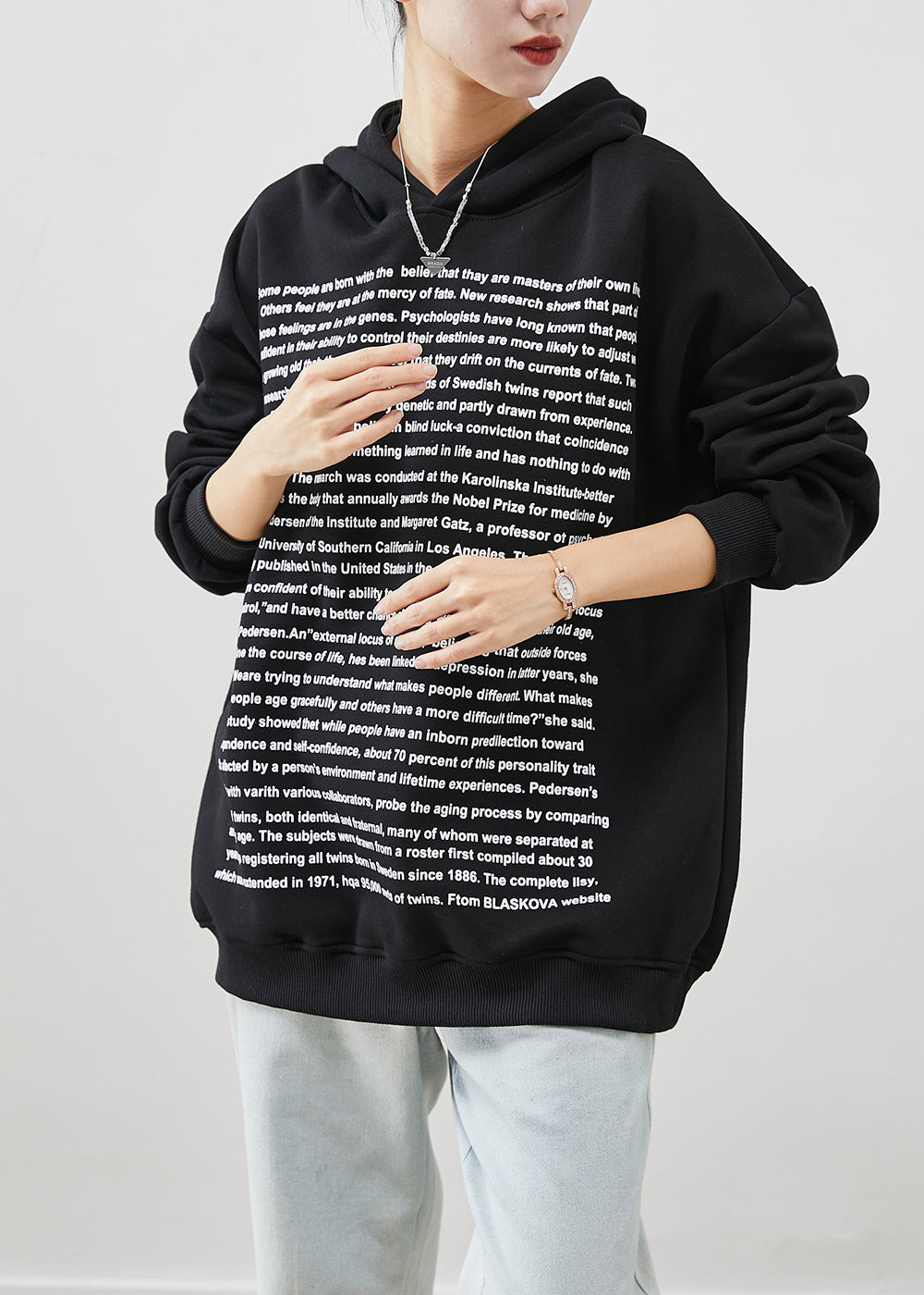 Fine Black Hooded Letter Print Cotton Sweatshirt Fall