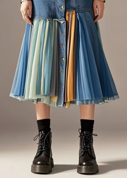 Blue Silm Fit Patchwork Denim Skirt Fall
