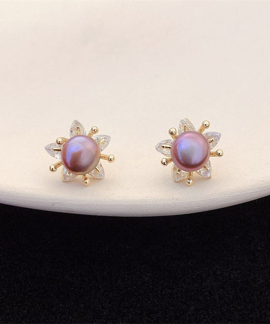Art Purple Sterling Silver Overgild Pearl Stud Earrings