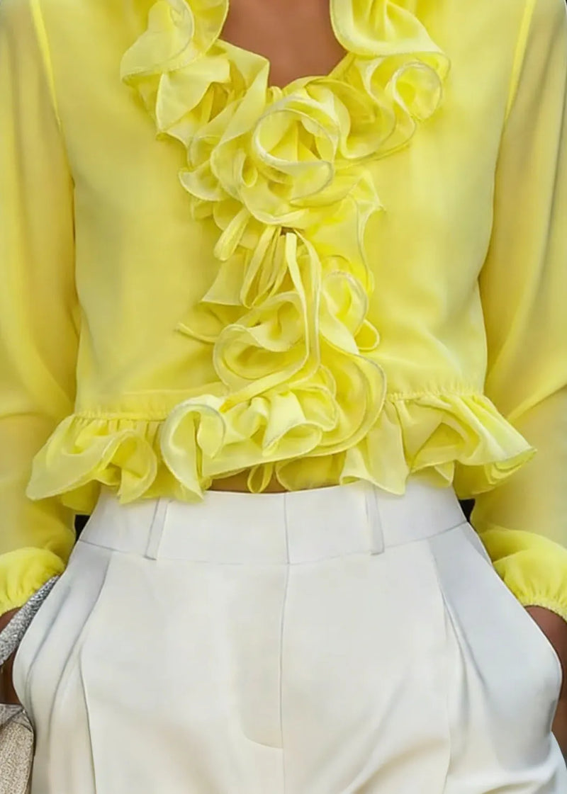 Fine Yellow Ruffled Patchwork Chiffon Top Spring