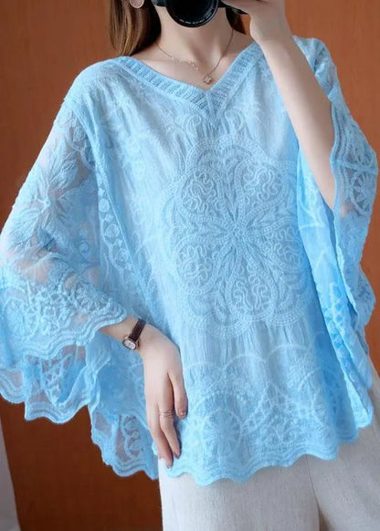 Blue Loose V Neck Summer Bat Wing Sleeve Shirts