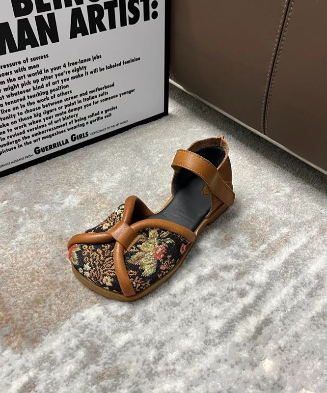 Handmade Embroidery Walking Sandals Black Cowhide Leather