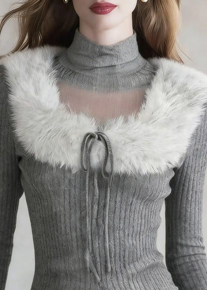 French Grey Turtleneck Patchwork Cotton Knit Sweaters Spring
