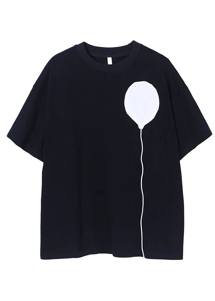 Black O-neck Patchwork Cotton Tanks Short Sleeve
