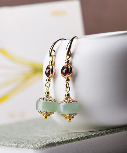 Red Gem Stone and Jade 14k Gold Drop Earrings
