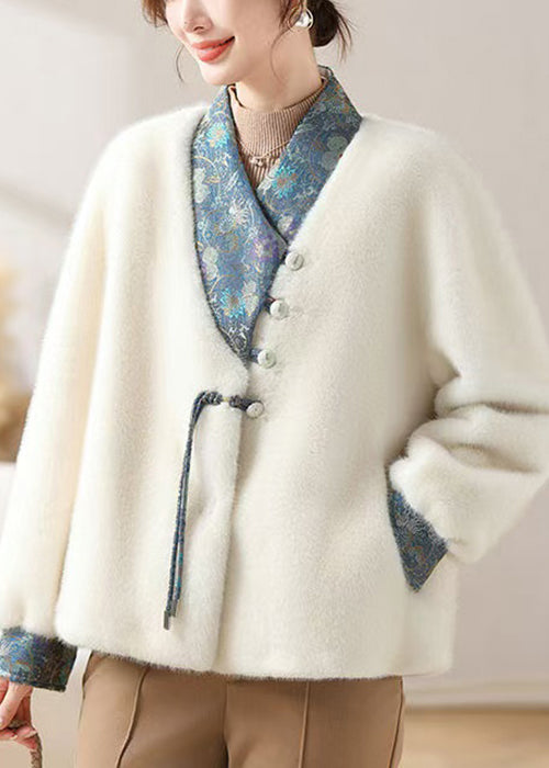 White Asymmetrical Button Mink Velvet Coat Winter
