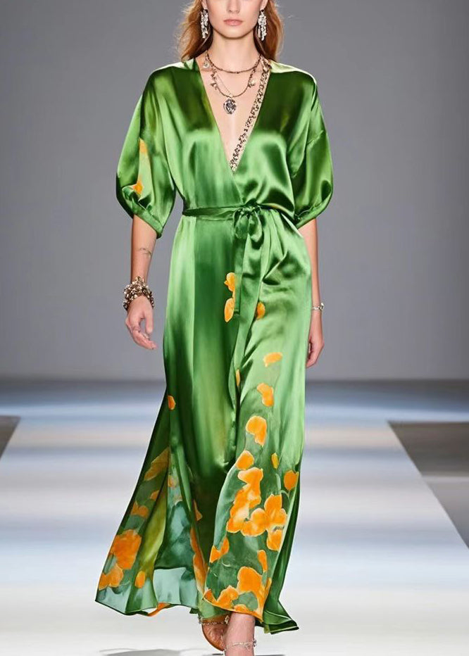 Tea Green Cinched Print Silk Party Dress Summer