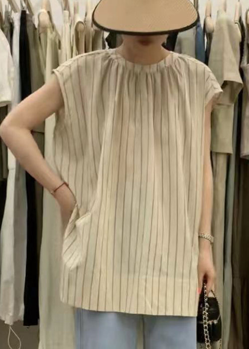 Loose Striped O-neck Side Open Cotton Shirt Vest Sleeveless
